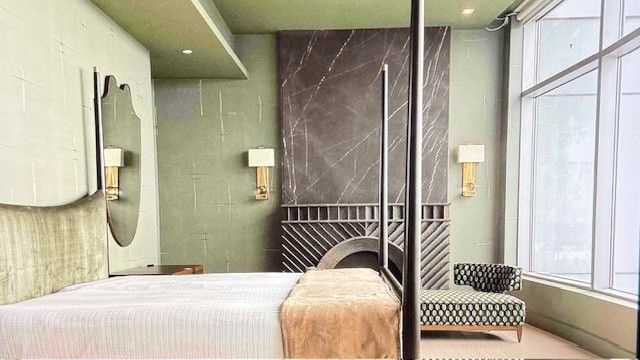 Layered bedroom lighting example — warm, dimmable